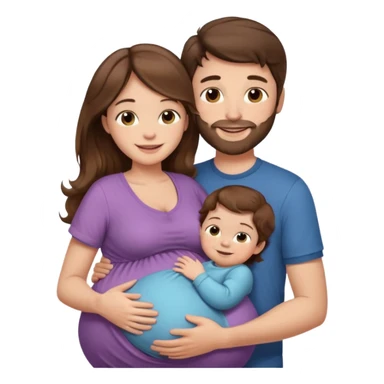 "Pregnant woman with long brown hair and fair skin holding a baby, and man with short brown hair and fair skin (without a mustache) hugging the pregnant woman, both smiling."
 sticker