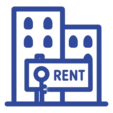 apartment rent icon, flat design, blue and gray colors sticker