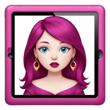 Realistic Beautiful pale skin baby blue sparkling eyes, plump red lips with gold lip ring, dark long burgundy hair, appears to be creating artwork on her fuchsia pink ipad sticker