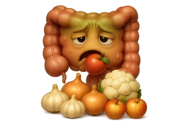 EMOJI STILE IPHONE DI UN INTESTINO UMANO IN CRISI PERCHé STA MALE, IN BOCCA HA UNA MELA E DAVANTI A LUI C'è UNA MONTAGNA DI aglio, cipolle, cavolfiore e mele, IPERREALISTICO 4K sticker