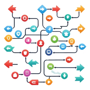 colorful flowchart diagram with many arrows connecting icons sticker