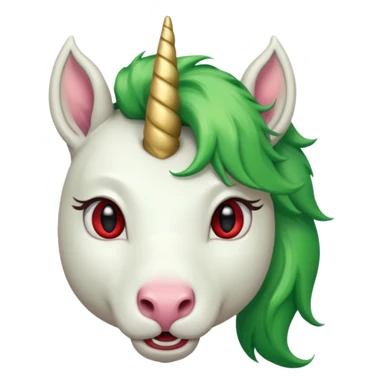 white furred unicorn with green hair and big red earrings looking into camera and big horn sticker