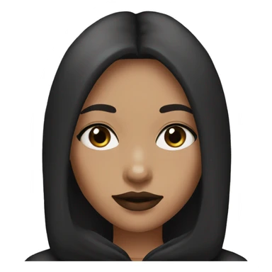 Girl with middle part really long straight dark brown hair, lashes,dark brown eyes, brown lipstick, wearing black hoodie sticker