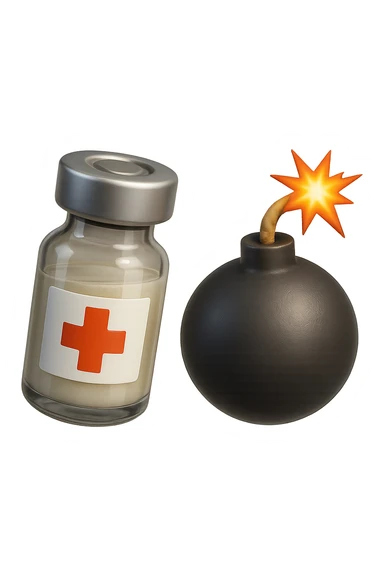 emoji stile iphone 3d di una fiala medica con una bomba vicino, fluttuano in aria insieme, FALLO MOLTO REALISTICO IN 3D sticker