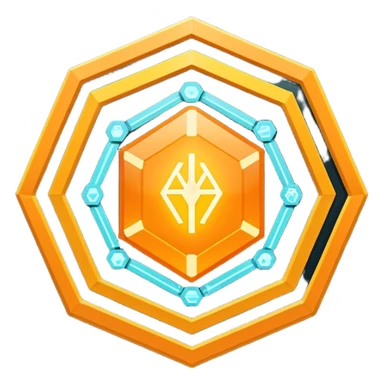 Futuristic reward points icon with PFD in the middle, diamond or hexagon shape, circuit board lines, Bloomberg terminal aesthetic, gold orange phosphor glow on dark background, minimalist geometric, no text, fintech style, clean edges, professional icon design sticker
