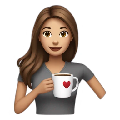 a woman with brown medium long straight length hair parted on side holding a coffee cup with a heart  sticker