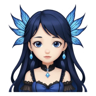 Gothic anime fairy with long beautiful black hair and dark blue dress, pastelcore, sticker