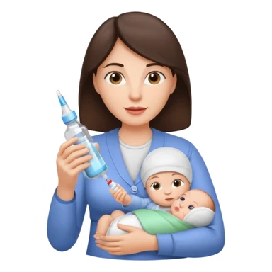 Brunette Mother holding a baby bottle with milk and a vaccine syringe sticker