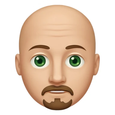 white caucasian bald man's face, with brown  round goatee and dark green eyes, oval face, rounded, big, little eyes a small smile,  sticker