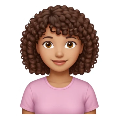 A Latina girl with brown eyes and short curly hair with curly bangs with a light pink shirt sticker
