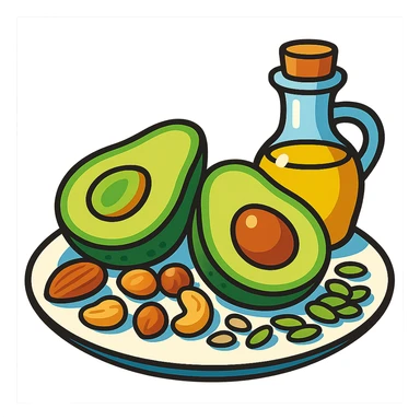 plate with avocado, nuts, olive oil, and seeds in vibrant toon style sticker