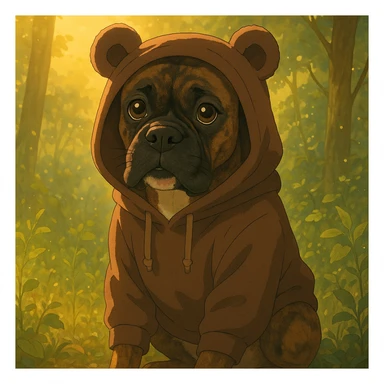 Convertir este bóxer atigrado en estilo Ghibli, sentado, mirada tierna, usando un buzo con capucha de orejas de osito color marrón chocolate, iluminación golden hour, entorno natural con follaje sticker
