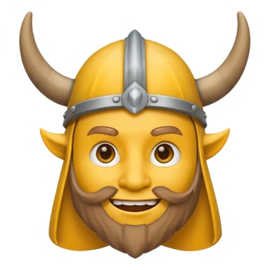 Viking emoji in Messenger style, yellow face, simple eyes, smiling, horned helmet sticker