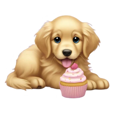Fluffy golden retriever puppy eating a cupcake  sticker