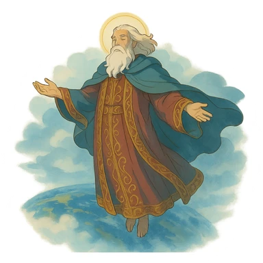 ghibli style godlike man with regal robes, floating above the world, ethereal atmosphere sticker