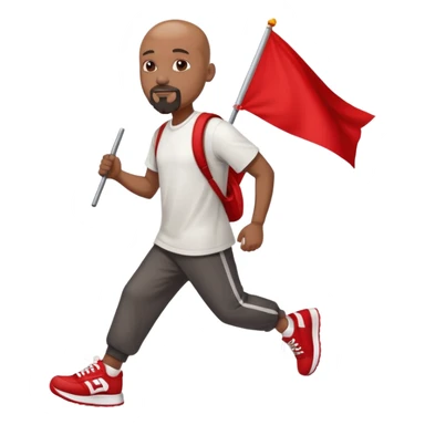 Bald black man with a white goatee in sneakers carrying a red flag sticker