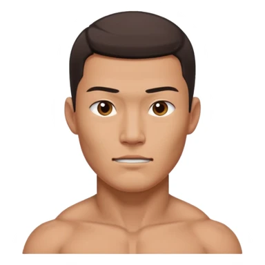 A standing buff shirtless asian guy with a really square jawline. Make his jawline extremely square and exaggerated. Also give him a middle part haircut. Give him a block square head sticker