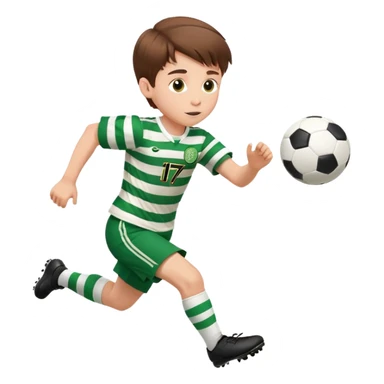 Celtic footballer jersey logo  6 years old brown hair white boy , stripes uniform , RUNNING  with soccer ball # 17 celtic football logo PUT ONLY ONE LOGO sticker