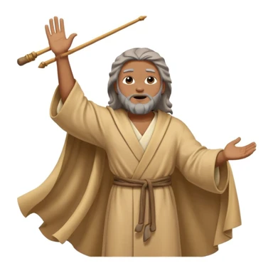 Moses with a long rod, arms raised, wind blowing his robe, rocky terrain, spiritual atmosphere, emoji style sticker