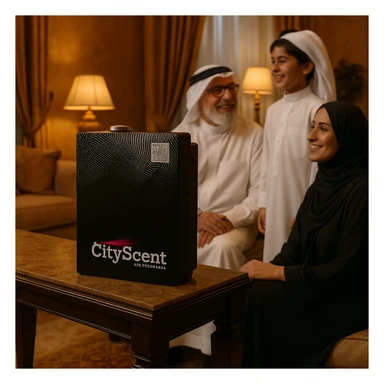 Depict the CityScent air freshener machine on a table in a luxury house, with a family in Arabic attire sitting or standing nearby, enjoying the relaxing scent. The scene is realistic, elegant, and warm. sticker