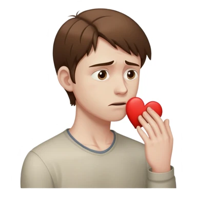 a man with brown hair staying in a
full height in profile with anxiety and begging face with a broken heart sticker