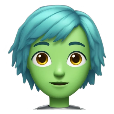 robot with a human head, thin face, clear cheekbones, green slightly narrow eyes, blue fluffy shoulder-length hair sticker