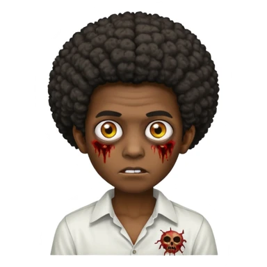 A dark-skinned boy with an afro, zombie eyes, and ears, wearing a white shirt. sticker
