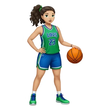 full body plus size light skin latino women basketball player with wavy dark hair in pony tail wide nose wearing blue green  uniform sticker