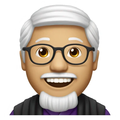 old catholic Hmong priest with black hair, smiling with teeth and glasses sticker
