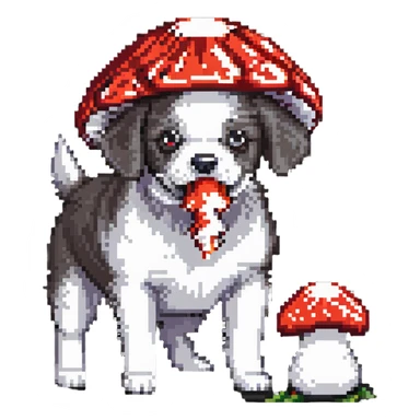 dog eating a red and white mushroom sticker