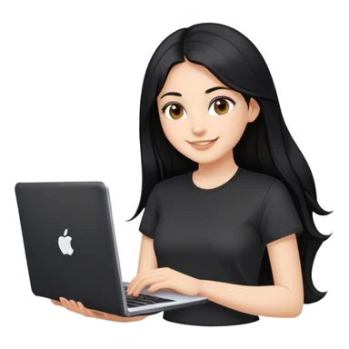 فتاة جميله بشرة بيضاء شعرها اسود طويل ناعم حرير على جانب الايسر وعيونها كبيره بني ومبتسمه ابتسامتها جميلخ ولابسه تشيرت اسودوماسكة لابتوب لانها مبرمجة sticker