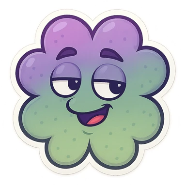 Remove the stem and make the four leaf clover more bubbly, keep the cartoon style and the top to bottom purple to green gradient. sticker