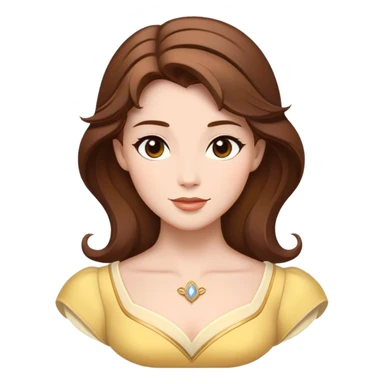 Cinematic Timeless Belle Portrait Emoji, rendered in a clean, vector style. Depict Belle with fair, luminous skin, beautifully arranged brown hair, and a serene, graceful expression, dressed in her classic attire. The design features bold, simplified shapes, a soft, enchanting glow, and a subtle glowing outline, capturing the essence of pure, timeless beauty. sticker