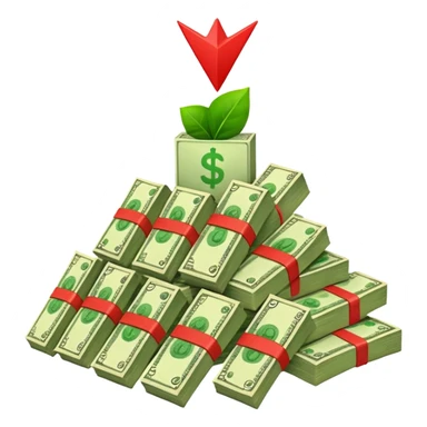 a pile of money with red arrow up sticker