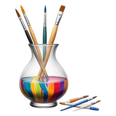 Glass painting icon, colorful brushstrokes on a glass vase, intricate painted patterns on the surface, visible fine paintbrush and palette beside it, no liquid inside the vase, minimalistic style, clean lines, transparent background. sticker