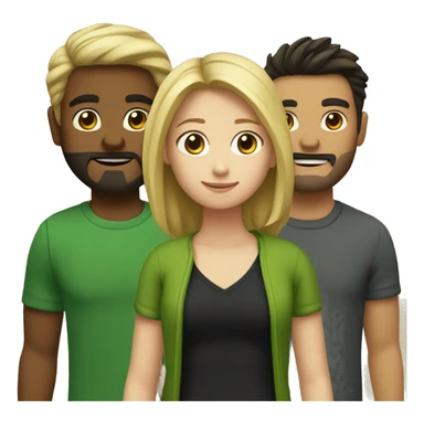 two girls and one guy. one of the girls is a blonde in a green sweater, the other has brown hair and a black sweater, in the middle is a guy with dark hair and a beard sticker