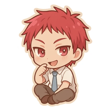 Akashi Seijuurou as a chibi icon, sitting pose, playful expression, red hair sticker