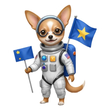 a chihuahua in space suit, holding blue rectangle flag, full body, front view sticker