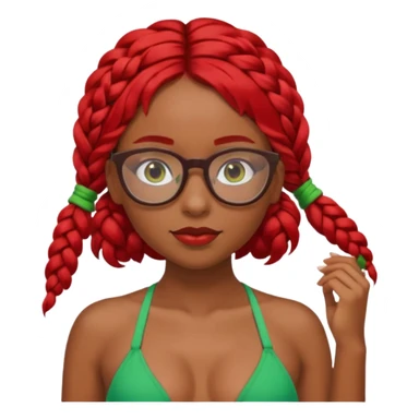 Dark Tan girl with two long red plaits and red rimmed  glasses, green bikini top,  head neck and shoulder shot only sticker