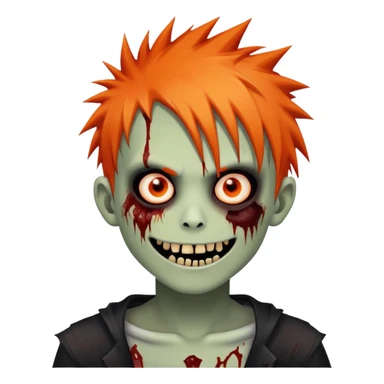 boy zombie with orange skin, orange spikey emo hair, black and red eyes, bloody smile sticker
