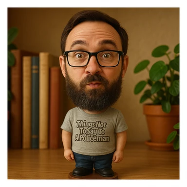 Transform the person in the photo into a bobblehead with a large head, small body, and a playful expression, rendered in the bobblehead style. sticker