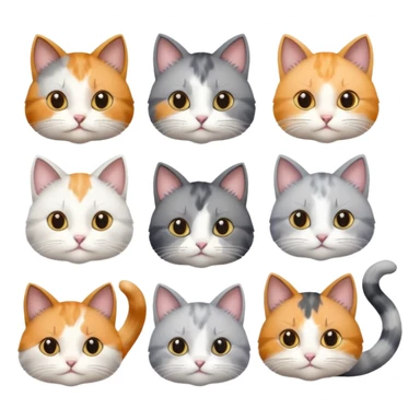 6 realistic looking cats with different natural coloured coats, assorted grey and white, greys, calico colours etc
 sticker