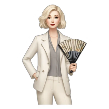 pale skin woman with ash blonde Straightened bob Hair, White Spacious classical jacket, beige palazzo Arrow pants and gray blouse holding a fan from color palettes in the hands sticker