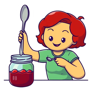 redhead woman with big smile taking some jam with a spoon from glass jar sticker