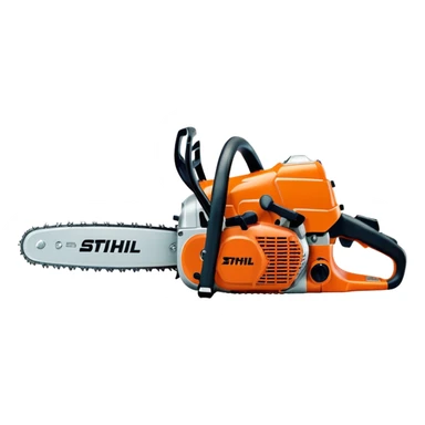 Stihl MS500i chainsaw, side view, showing the Stihl logo clearly, realistic proportions but simplified details, bright orange and silver color scheme, clean design, suitable for emoji style sticker