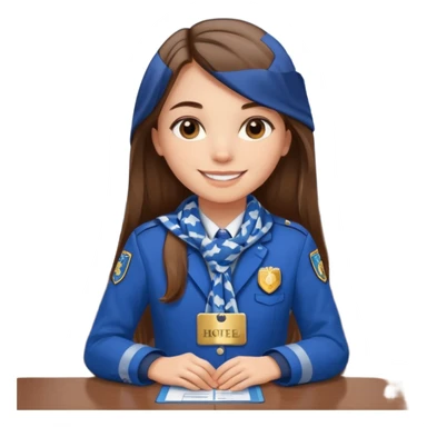 Young girl, long straight hair, wearing uniform jacket with hotel name badge, tasteful scarf, stand behind the desk

 sticker