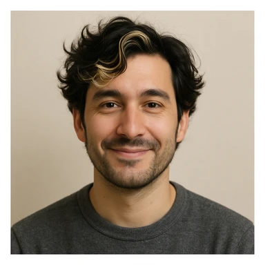 man with wavy black hair and blonde highlights, friendly expression, plain background sticker