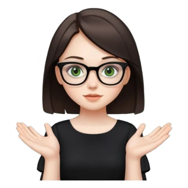a cute white brunette girl with green eyes in a black dress wearing glasses  with two hands  sticker