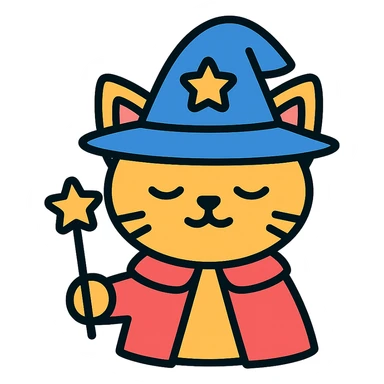 cat magician with a wizard hat and wand, colorful icon sticker