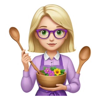 woman with blonde shoulder length hair, purple glasses, green eyes, flower apron, holding bowl and spoon sticker